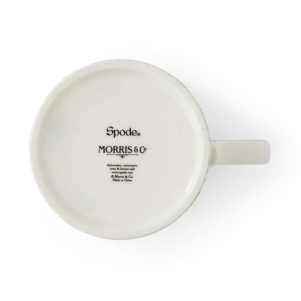 An photo of the underside of a white ceramic mug, showing the branded backstamp centered on the base. The text features the logos for "Spode" and "MORRIS & Co" in a dark blue font, followed by smaller care instructions confirming it is dishwasher and microwave safe, along with the "Made in China" origin text.