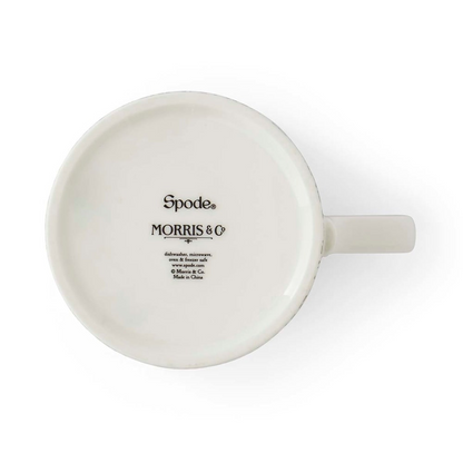 An photo of the underside of a white ceramic mug, showing the branded backstamp centered on the base. The text features the logos for "Spode" and "MORRIS & Co" in a dark blue font, followed by smaller care instructions confirming it is dishwasher and microwave safe, along with the "Made in China" origin text.