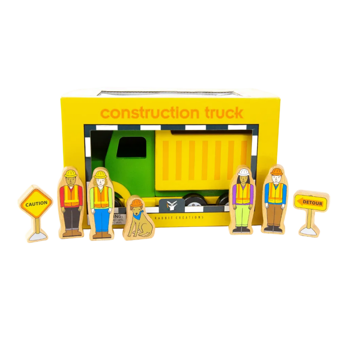 Toy construction set with figures and a truck on a white background