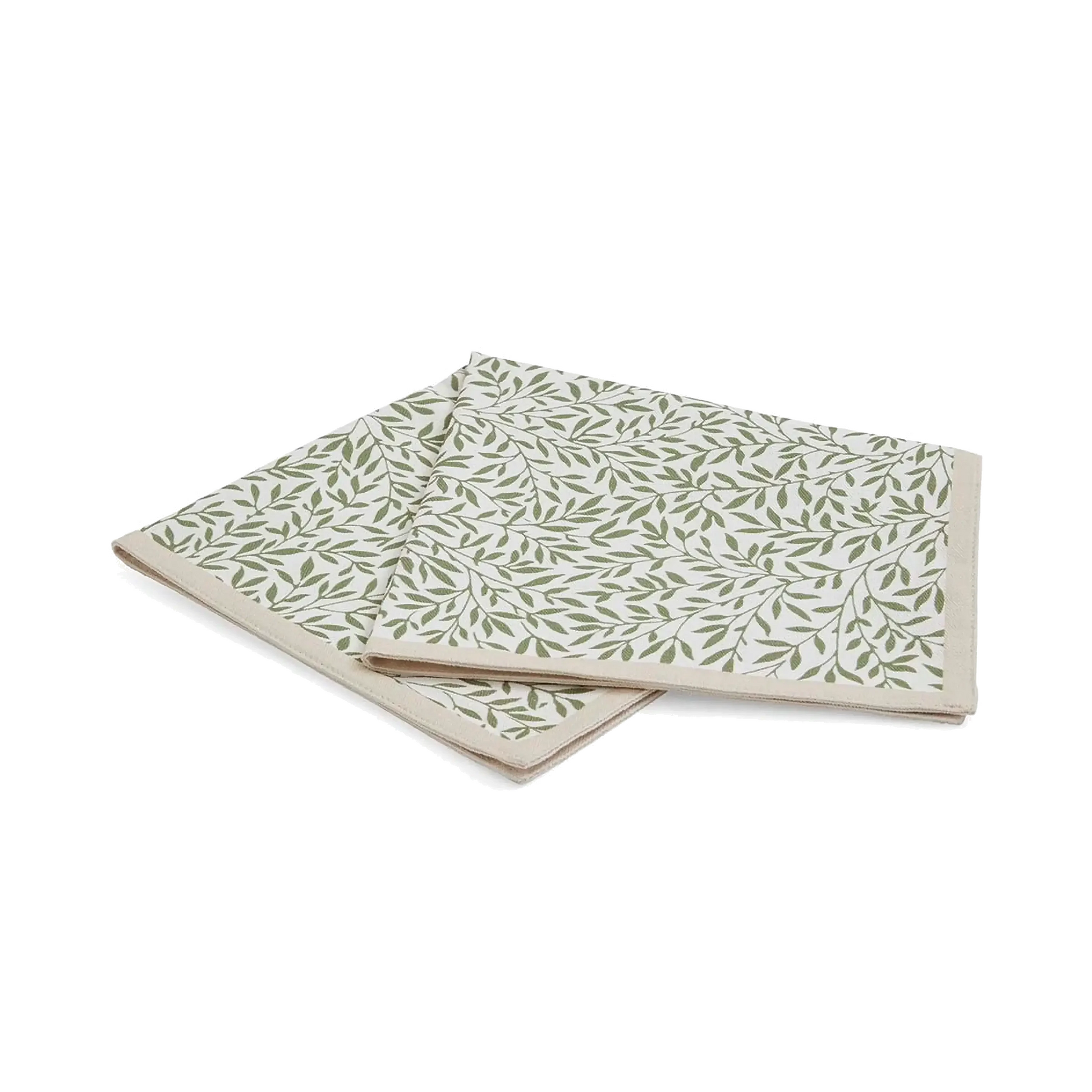 A napkin featuring a dense, repeating botanical pattern of small green leaves and vines on a light off-white background with a light beige outer border. Shown against a white background.
