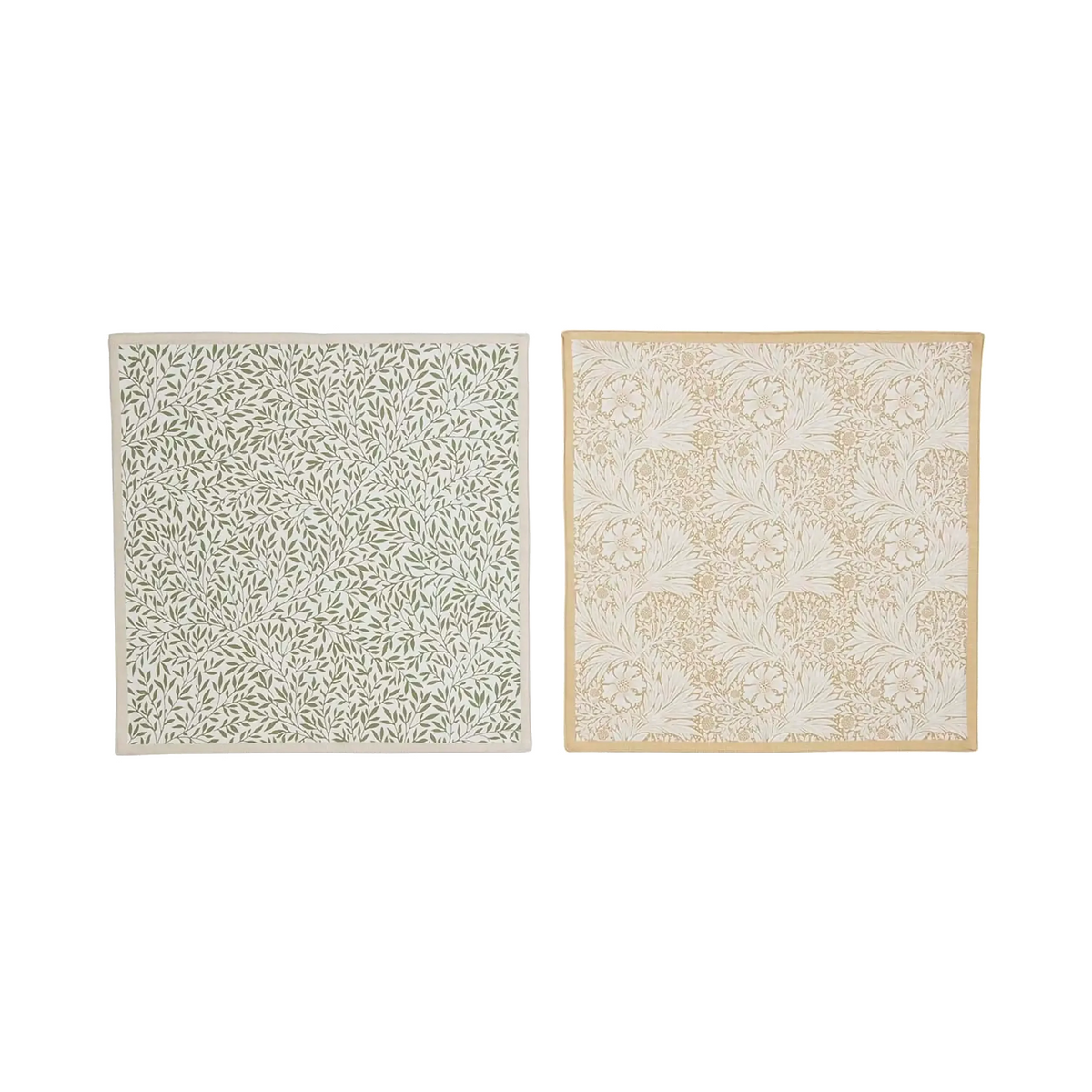 A pair of square cloth napkins displayed side-by-side against a white background. Left napkin features a dense, repeating botanical pattern of small green leaves and vines on a light off-white background with a light beige outer border. Right napkin features a more intricate, larger-scale floral and foliage pattern in muted yellow tone, finished with a solid muted yellow border.