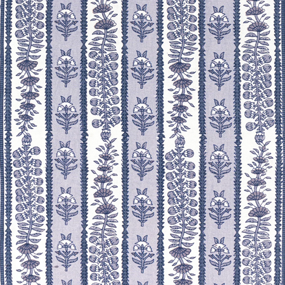 A repeating vertical stripe pattern featuring blue botanical and floral block printed motifs on alternating light blue and white stripes.