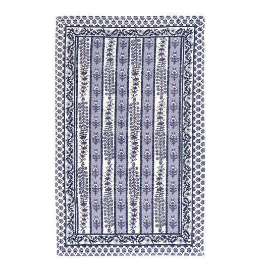 A cotton tea towel featuring a classic Indian floral block print pattern in navy blue and light blue on off-white.