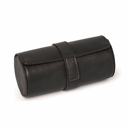 Black faux-leather cylindrical case against a white background