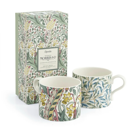 Two floral mugs with matching packaging featuring Morris & Co branding on a white background.