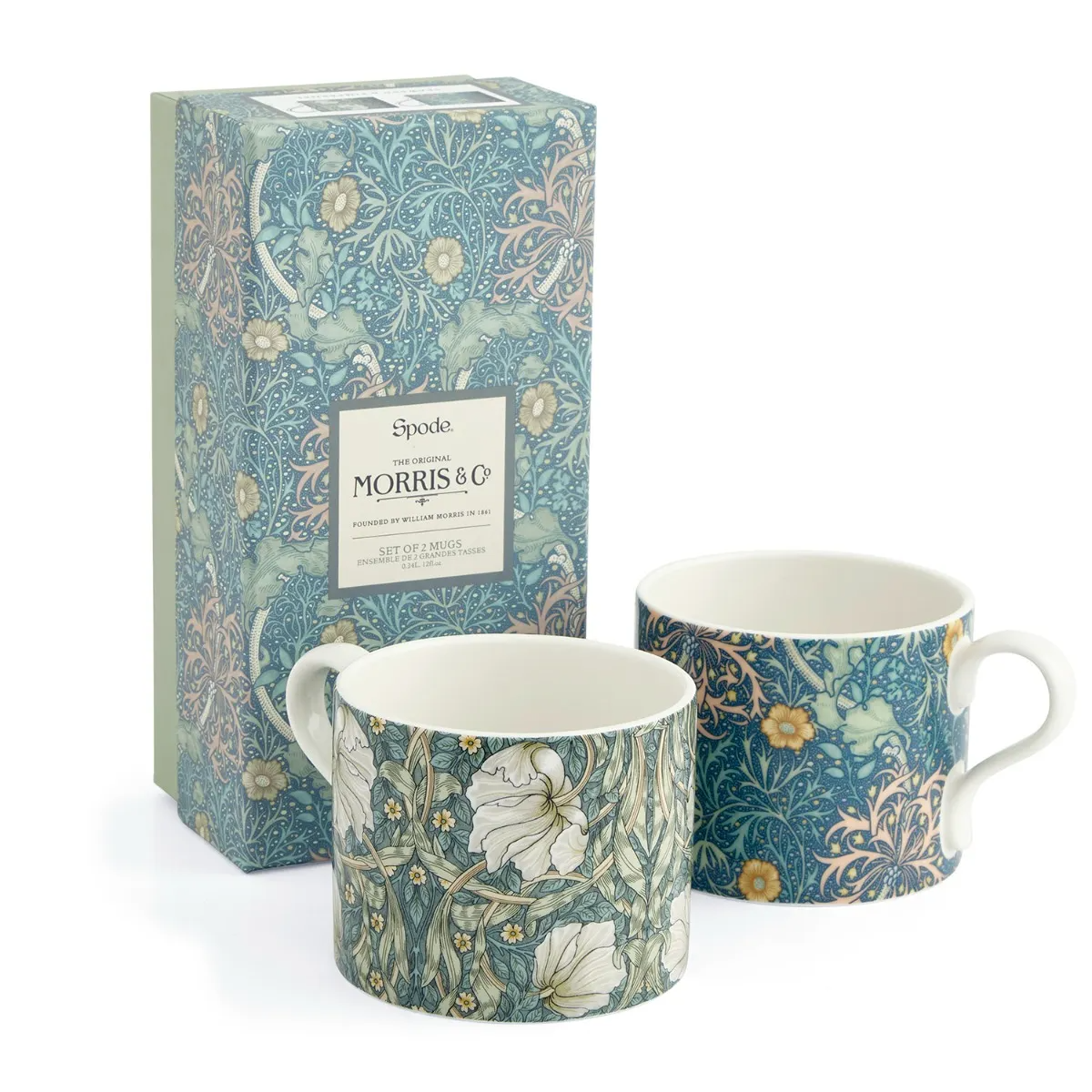 Two floral mugs with matching packaging featuring Morris & Co branding on a white background.