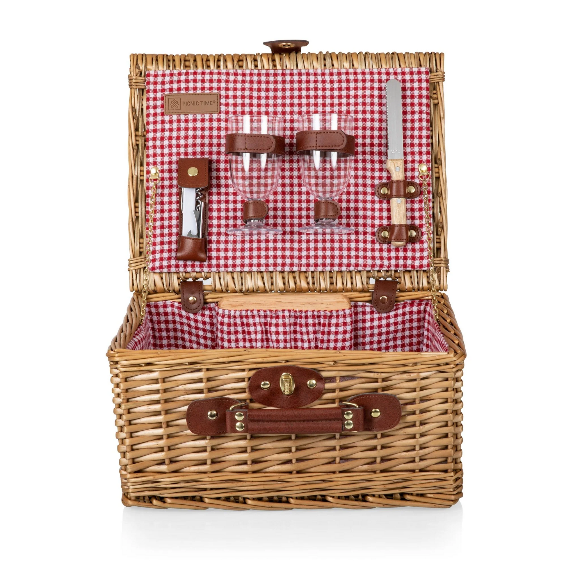 Wicker picnic with a red and white gingham interior and brown leather trim. Set includes two wine cups, wine bottle opener, cheese board, and cheese knife.