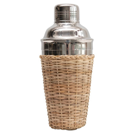 Stainless steel cocktail shaker with a natural woven sleeve