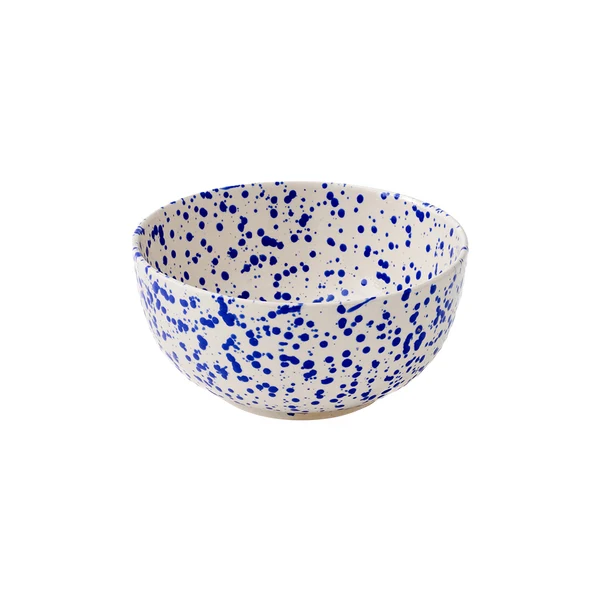 A large round ceramic bowl with a cream-colored base decorated with a translucent cobalt blue splattered pattern on a white background