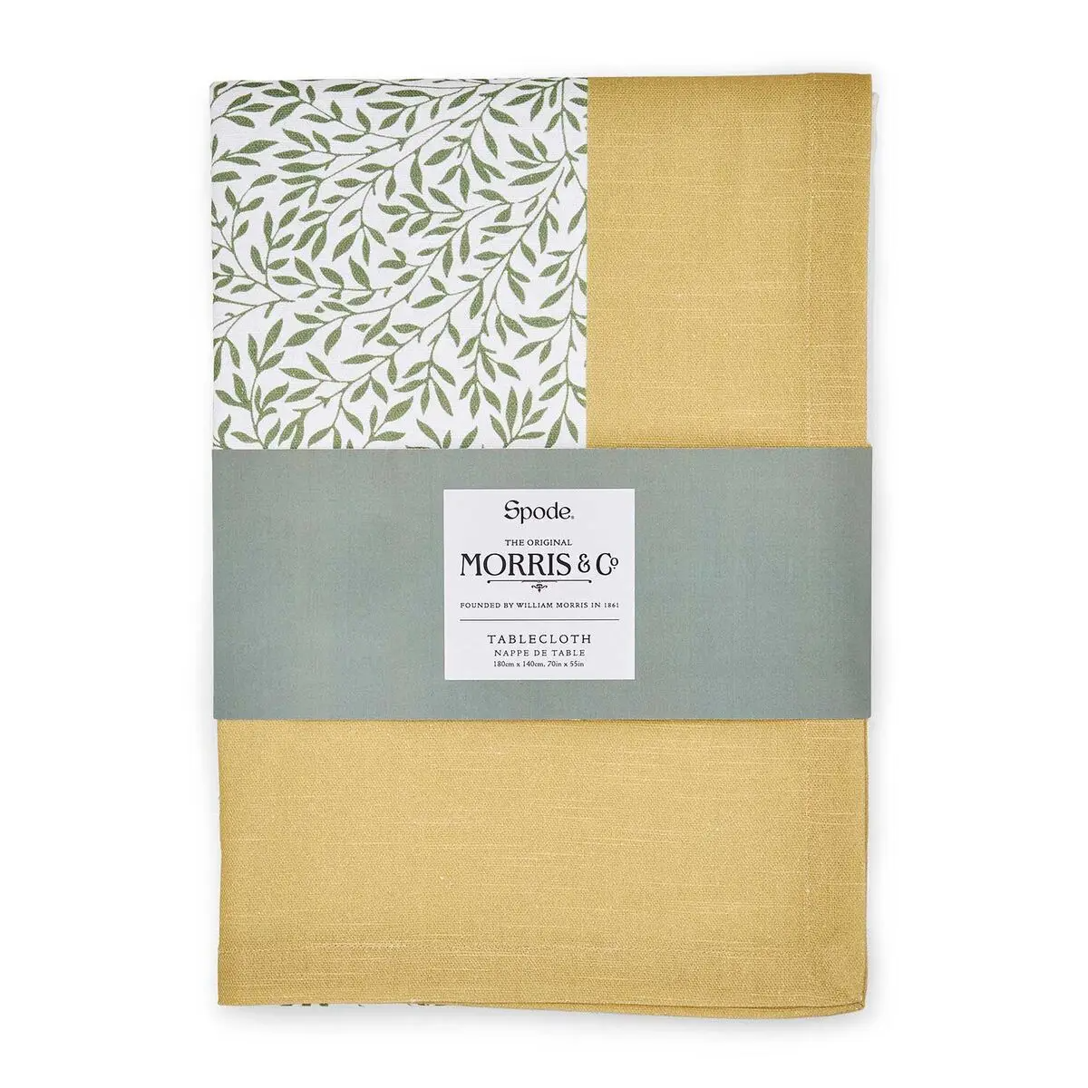 A packaged tablecloth featuring a green leaf pattern on off-white and a yellow border, wrapped in a band labeled "Spode The Original Morris & Co Tablecloth."