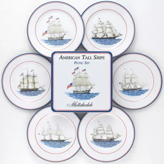 Set of 6 white plates with blue and red rims and various vintage-style ship designs with a matching box