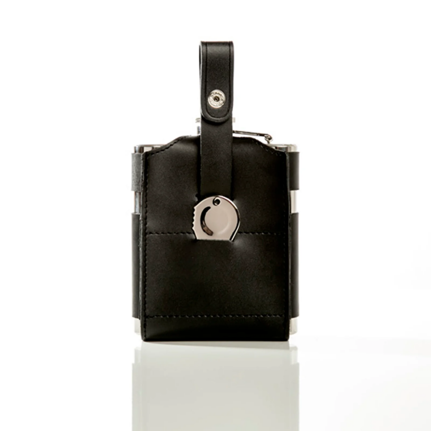 Stainless steel hip flask in a black leather sleeve with a metal marker included on a white background.