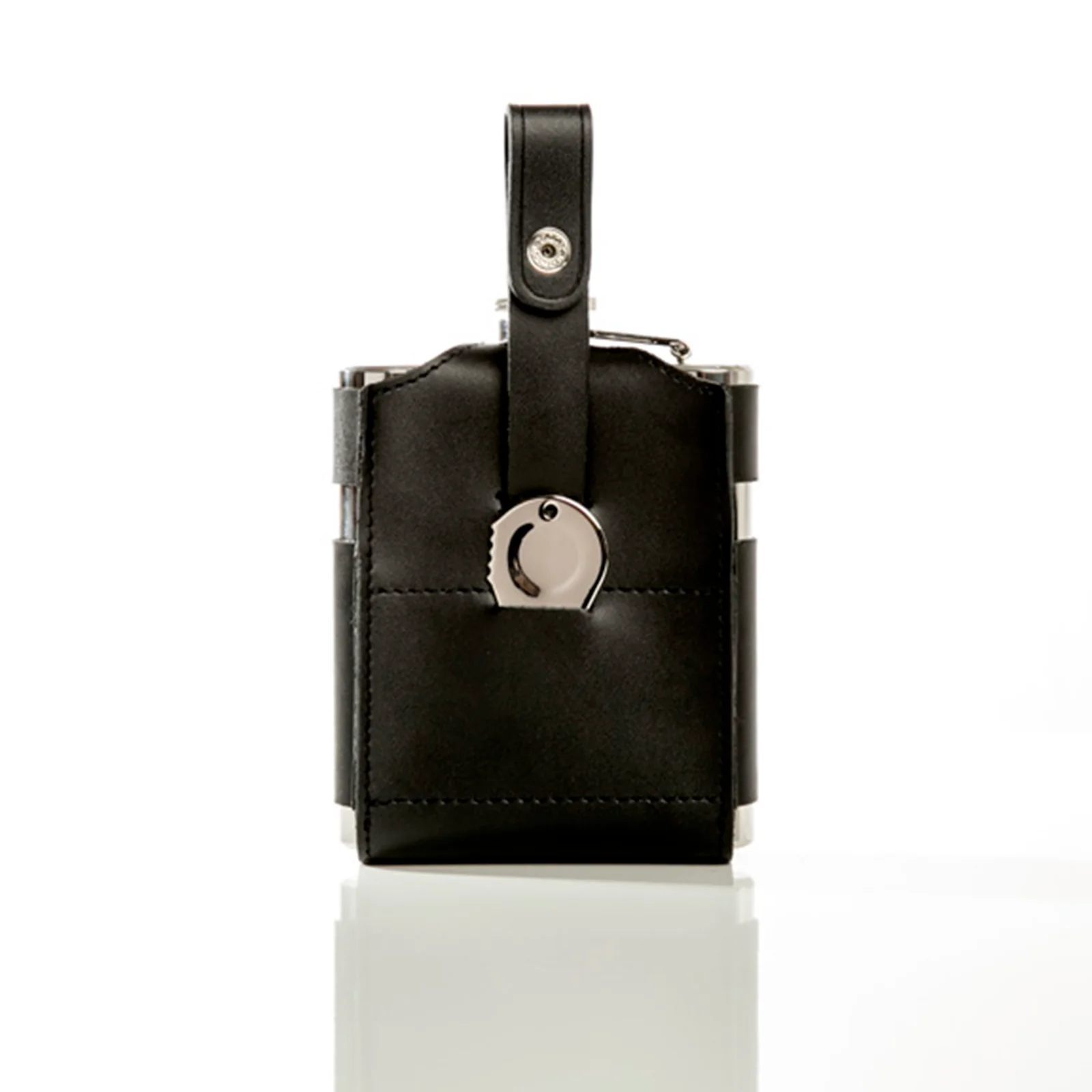 Stainless steel hip flask in a black leather sleeve with a metal marker included on a white background.