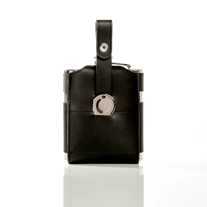 Stainless steel hip flask in a black leather sleeve with a metal marker included on a white background.