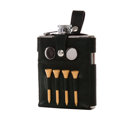 Stainless steel hip flask in a black leather sleeve with four wooden golf tees included on a white background.