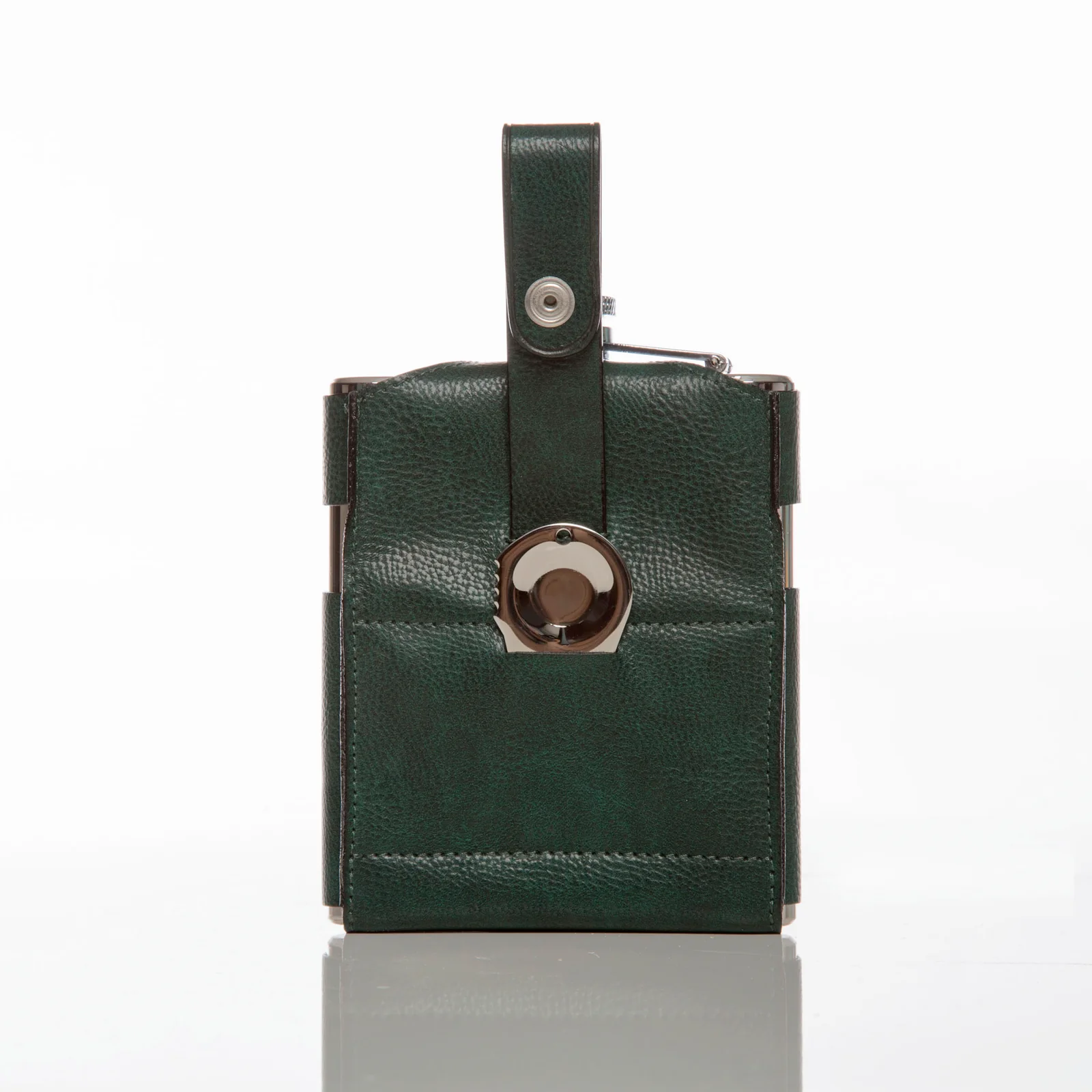 Stainless steel hip flask in a black leather sleeve with a metal marker included on a white background.