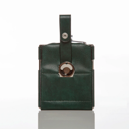 Stainless steel hip flask in a black leather sleeve with a metal marker included on a white background.