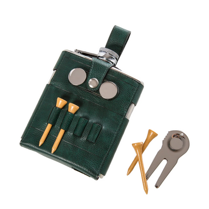 Stainless steel hip flask in a dark green leather sleeve with four wooden golf tees and a metal marker included on a white background.