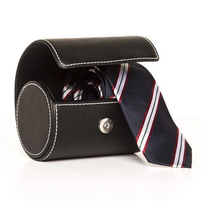 Black faux-leather open tie case with a striped necktie inside against a white background