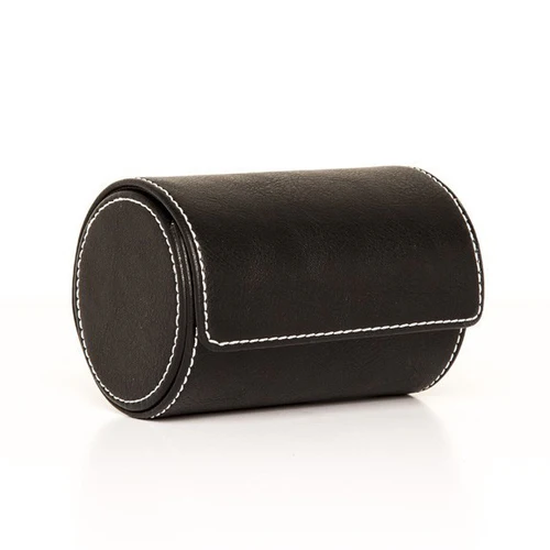 Black faux-leather cylindrical case with white stitching against a white background