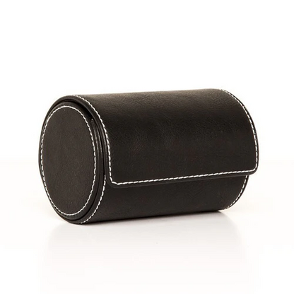 Black faux-leather cylindrical case with white stitching against a white background