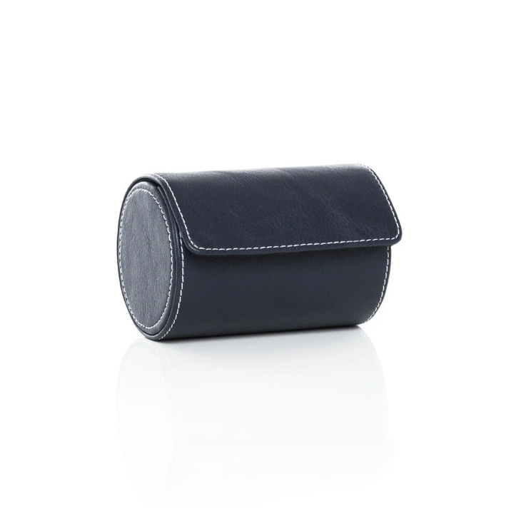Black faux-leather cylindrical case with white stitching against a white background
