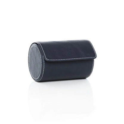 Black faux-leather cylindrical case with white stitching against a white background