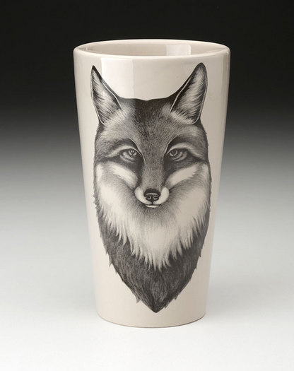 An off-white stoneware tapered travel mug featuring a sketch of a fox portrait in black.