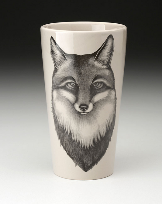 An off-white stoneware tapered travel mug featuring a sketch of a fox portrait in black.