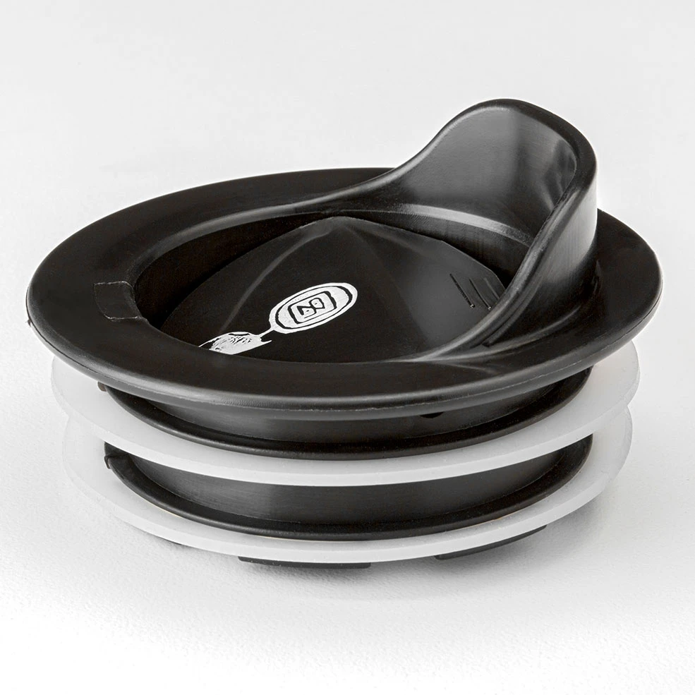 A black plastic travel mug lid with two levels of silicone seals.