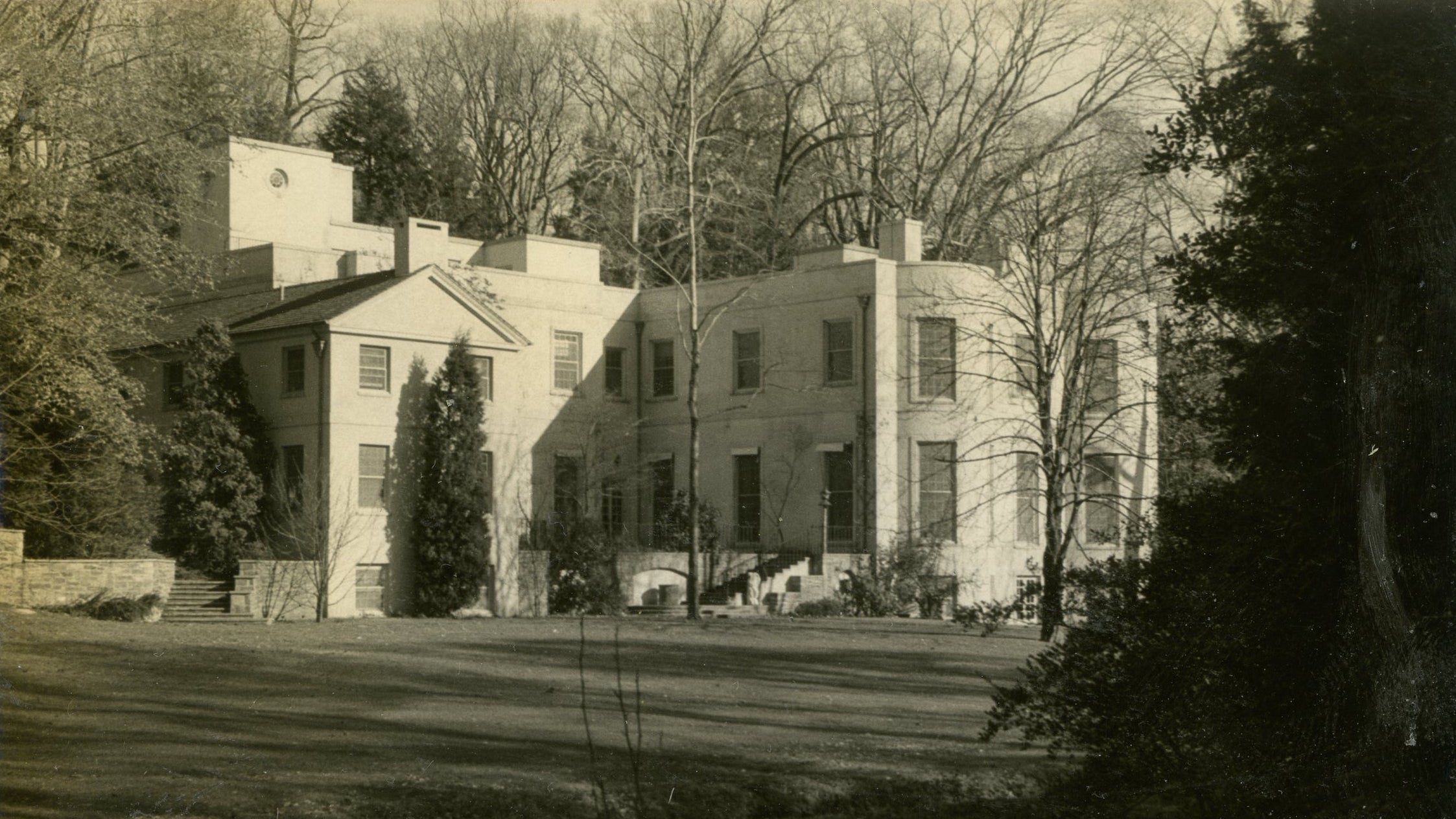 Vintage black and white photograph of The Cottage, former home of Henry Francis du Pont and current location of the Winterthur Museum Store.