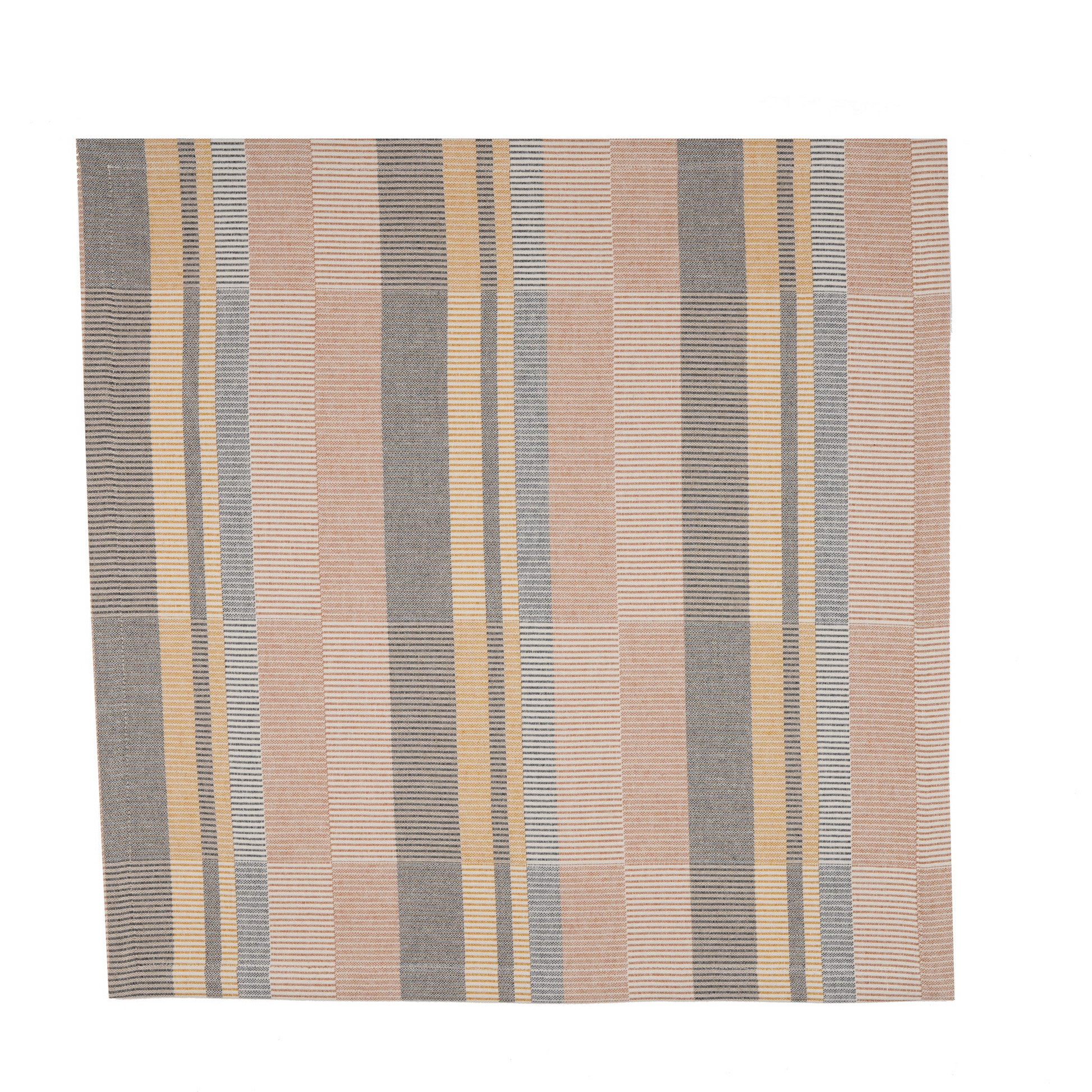 A square woven textile napkin with a striped pattern in muted orange, gray, yellow, and off-white, shown flat against a white background.