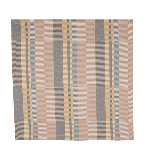 A square woven textile napkin with a striped pattern in muted orange, gray, yellow, and off-white, shown flat against a white background.