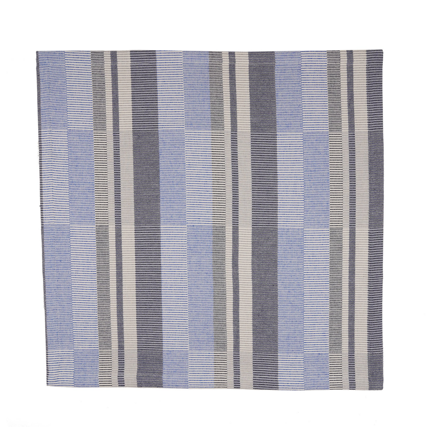 A square woven textile napkin with a striped pattern in shades of cobalt blue, navy blue, gray, and off-white, shown flat against a solid white background.
