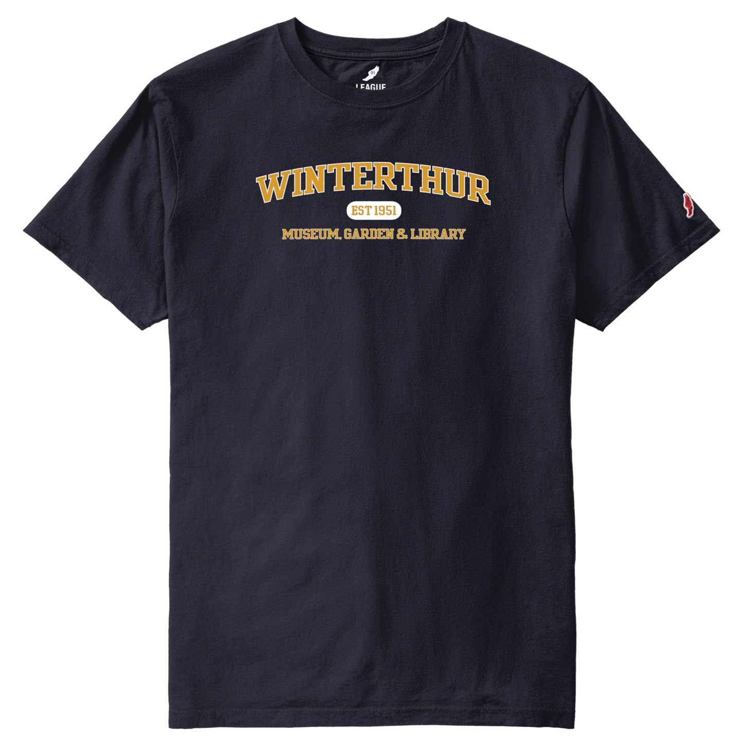 Navy blue crewneck, shirtsleeve t-shirt with the words 'WINTERTHUR EST 1951 MUSEUM, GARDEN & LIBRARY' screen-printed in gold and white across the chest 