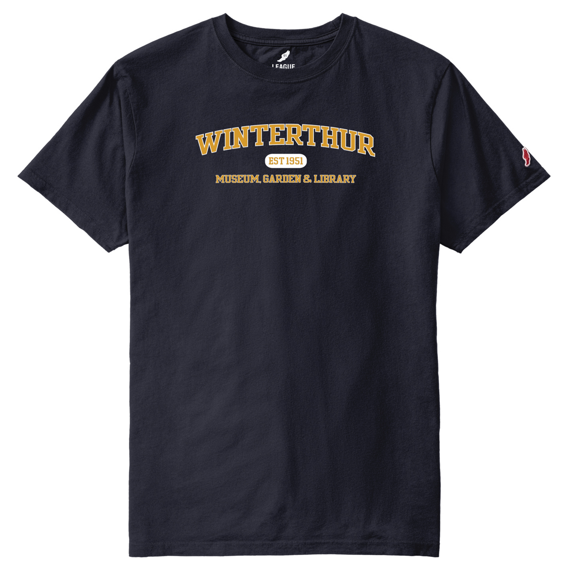 Navy blue crewneck, shirtsleeve t-shirt with the words 'WINTERTHUR EST 1951 MUSEUM, GARDEN & LIBRARY' screen-printed in gold and white across the chest 