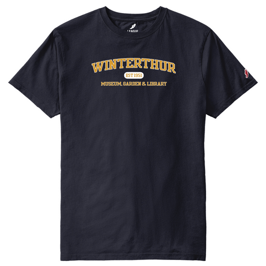 Navy blue crewneck, shirtsleeve t-shirt with the words 'WINTERTHUR EST 1951 MUSEUM, GARDEN & LIBRARY' screen-printed in gold and white across the chest 